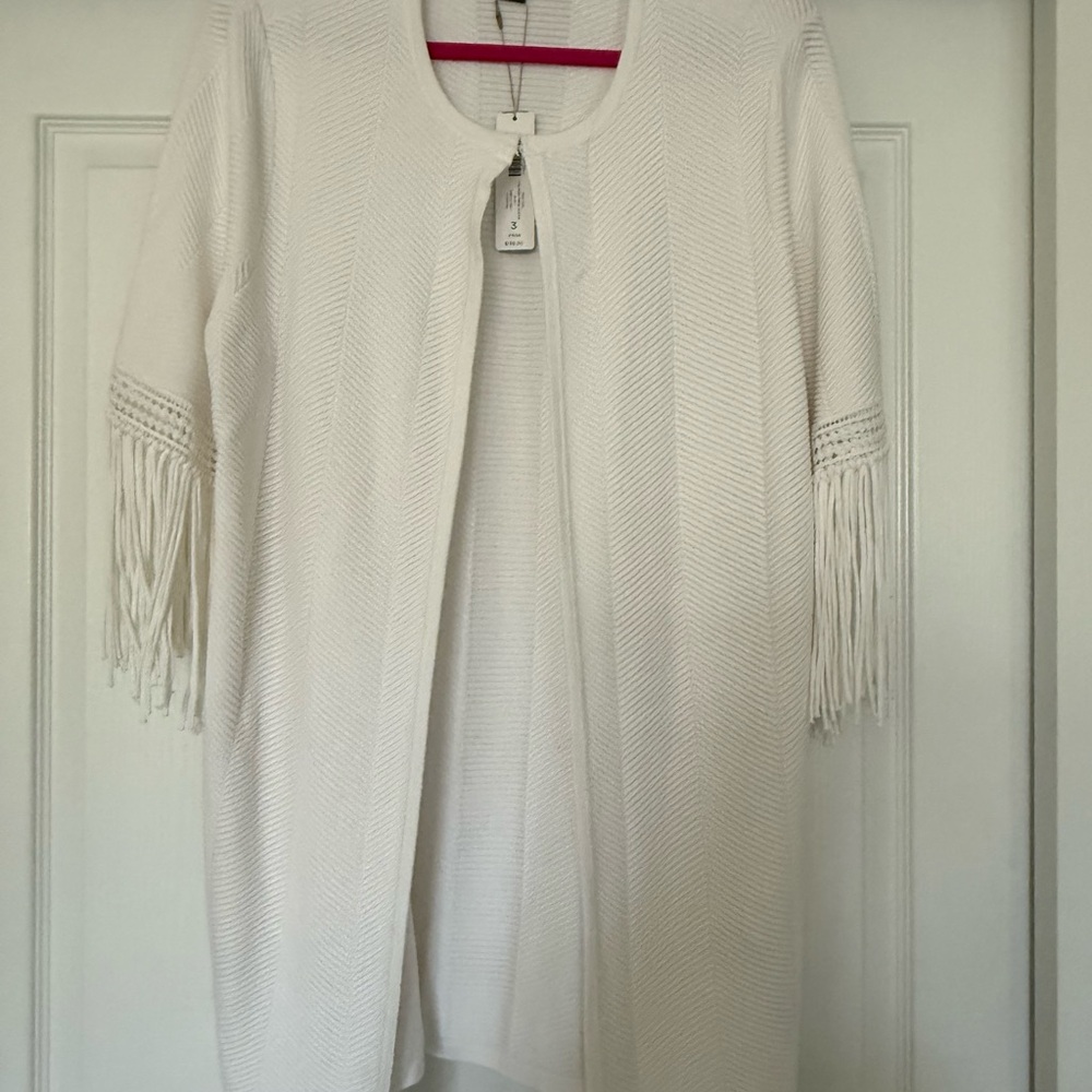 Chicos Open-Front Fringe Sleeve Knit Cardigan - White